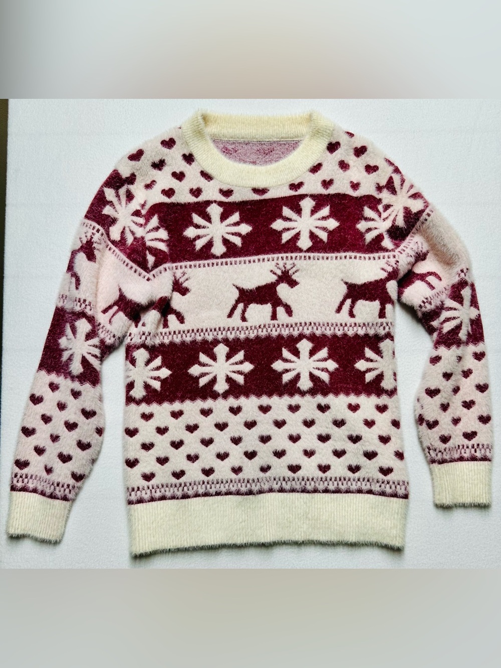 Women’s Small Fair Isle Reindeer Snowflake Fuzzy Knit Christmas Sweater